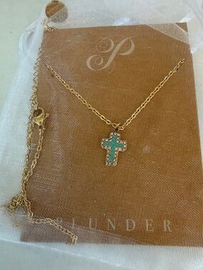 Plunder Gold Cross Pendant Necklace with Turquoise Enamel and Crystal Accents